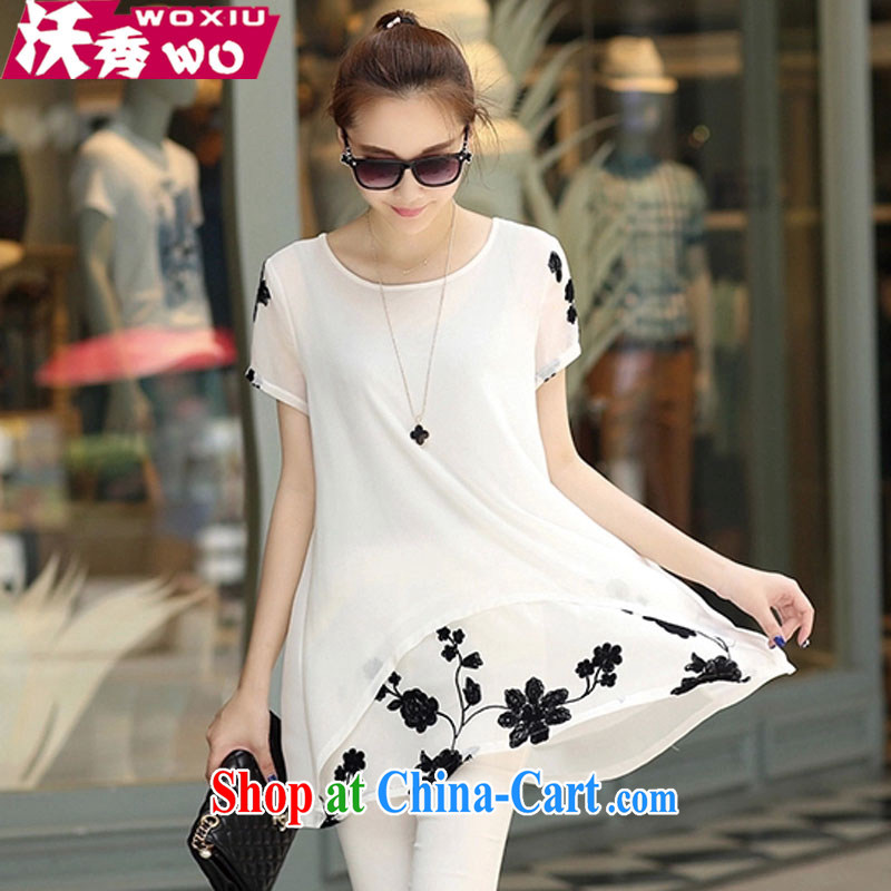 Kosovo show 2015 summer new short-sleeved embroidered snow-woven shirts thick MM larger women dresses 1242 white S