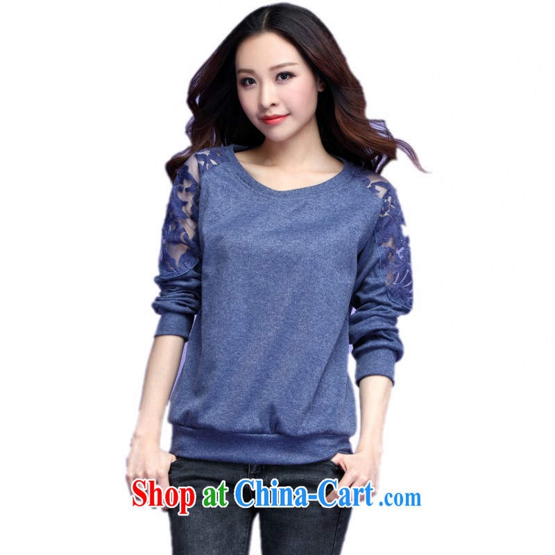 The e-mail package the obesity mm larger Yi T shirts new 2015 spring lace stitching long-sleeved T-shirt knit solid shirt leisure T shirt blue 3XL approximately 160 - 180 jack