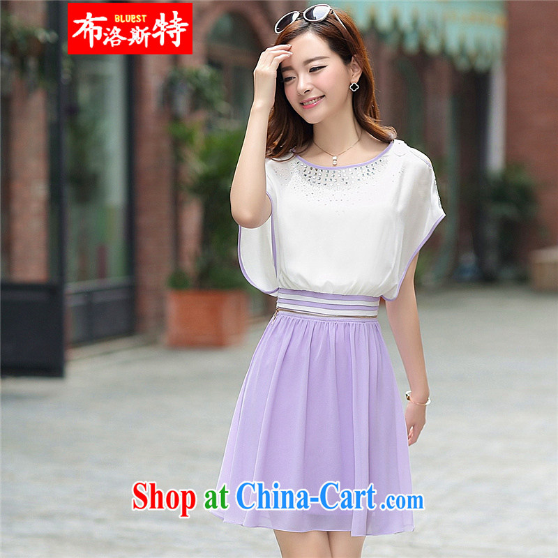 The summer the new, large, new Snow woven short-sleeved-yi skirt lady temperament the waist graphics thin female spell purple XXL