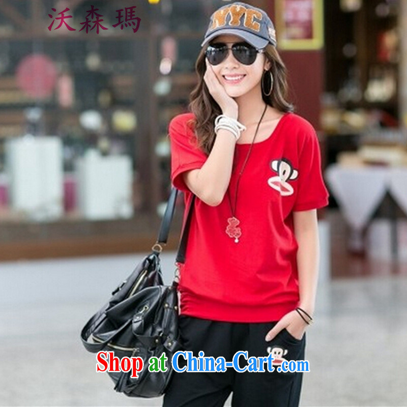 Summer Korean short-sleeved fresh and lovely relaxed big mouth monkey stamp duty, Yi leisure wears the code Sport Kits red and black XXL