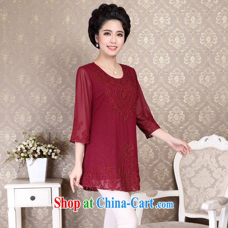 MOM Ousmile summer load new t-shirt Lace Embroidery snow woven shirts 100 ground aura shirt T shirts in the elderly, female 88,353 wine red 4 XL, Ousmile, shopping on the Internet