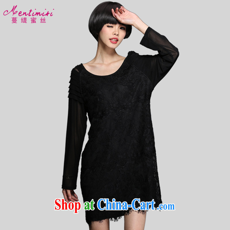 Mephidross has long honey, 2015 spring new and indeed XL female lace stitching Web yarn long-sleeved dress 2854 black large code L 110 Jack left and right
