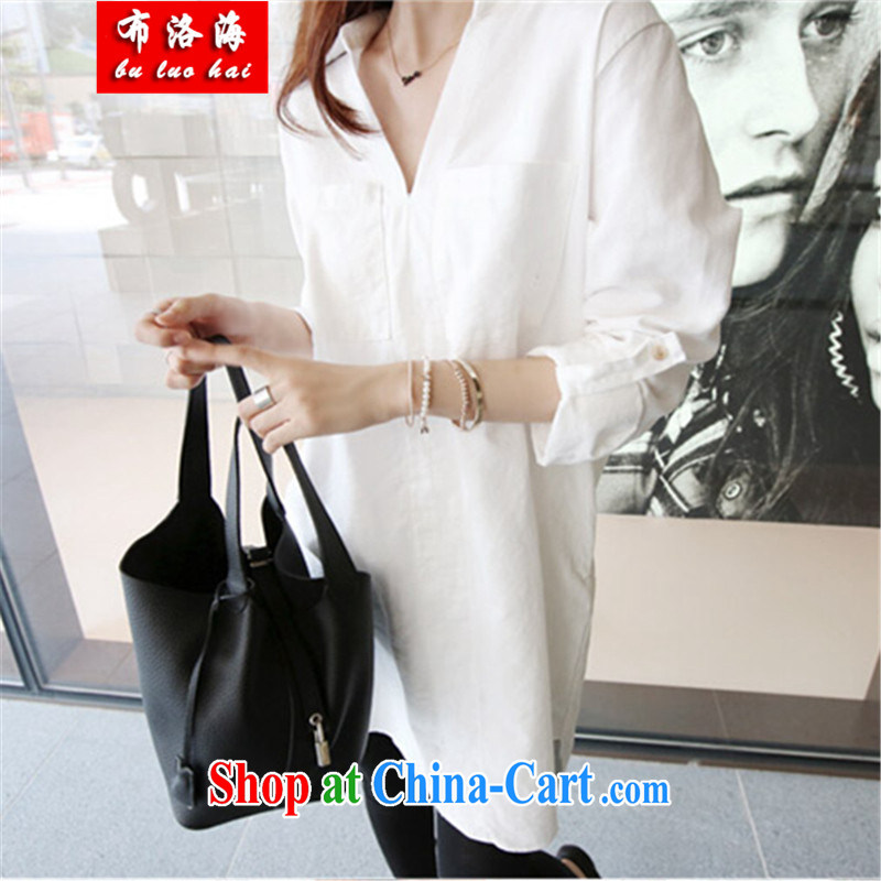 The sea 2015 spring and summer with new Korean loose the Code women in long, loose shirt long-sleeved V for larger version shirt women 5109 white L, sea, shopping on the Internet
