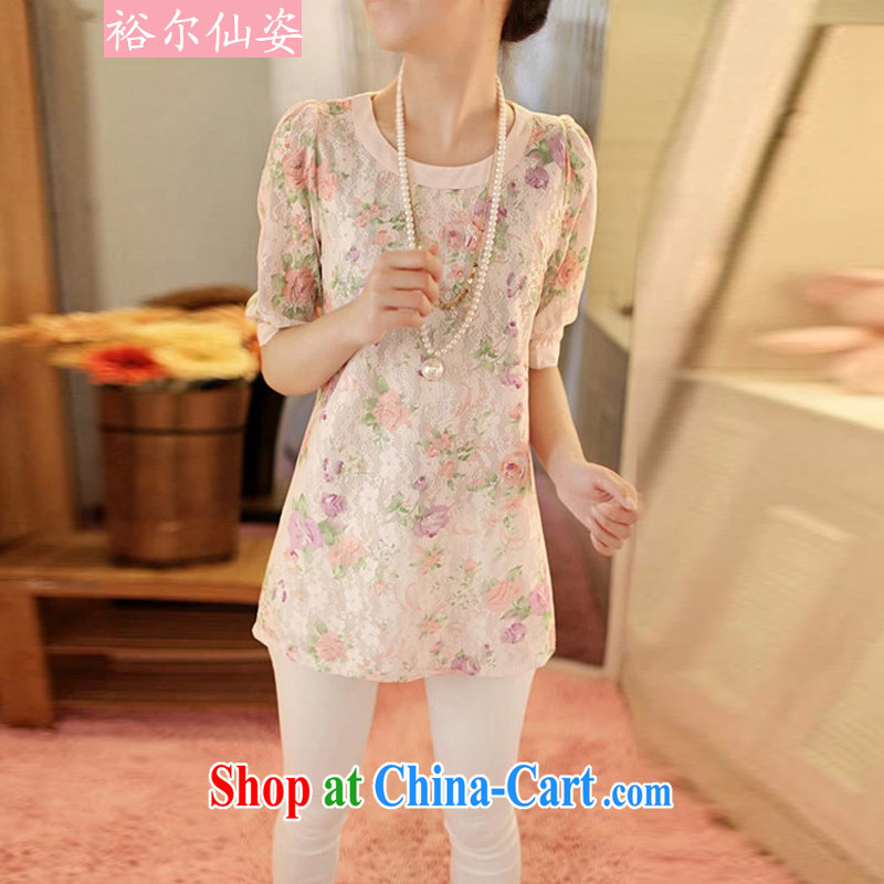 Yu's Sin City 2015 spring and summer new, cultivating the code length in Paragraph 5 sub-cuff shirt T female floral half sleeve shirts packages and thick mm solid T-shirt women T-shirt pink 3XL