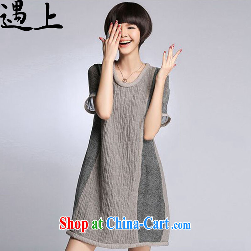 The 2015 summer new thick MM linen stitching loose the code dress girls - 8016 light gray 4 XL