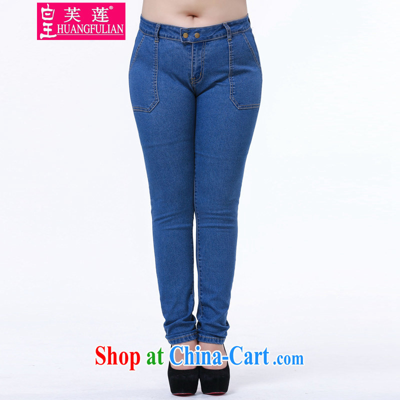 Rather than be Lin 2015 spring and summer new Korean girls and indeed XL thick MM multi-buckle jeans video skinny legs pencil trousers trousers 1502 blue 4 XL