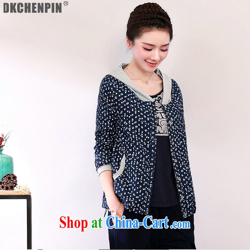 2015 DKchenpin larger female spring jacket coat mm thick loose cap on T-shirt casual jacket Tibetan blue 3 XL