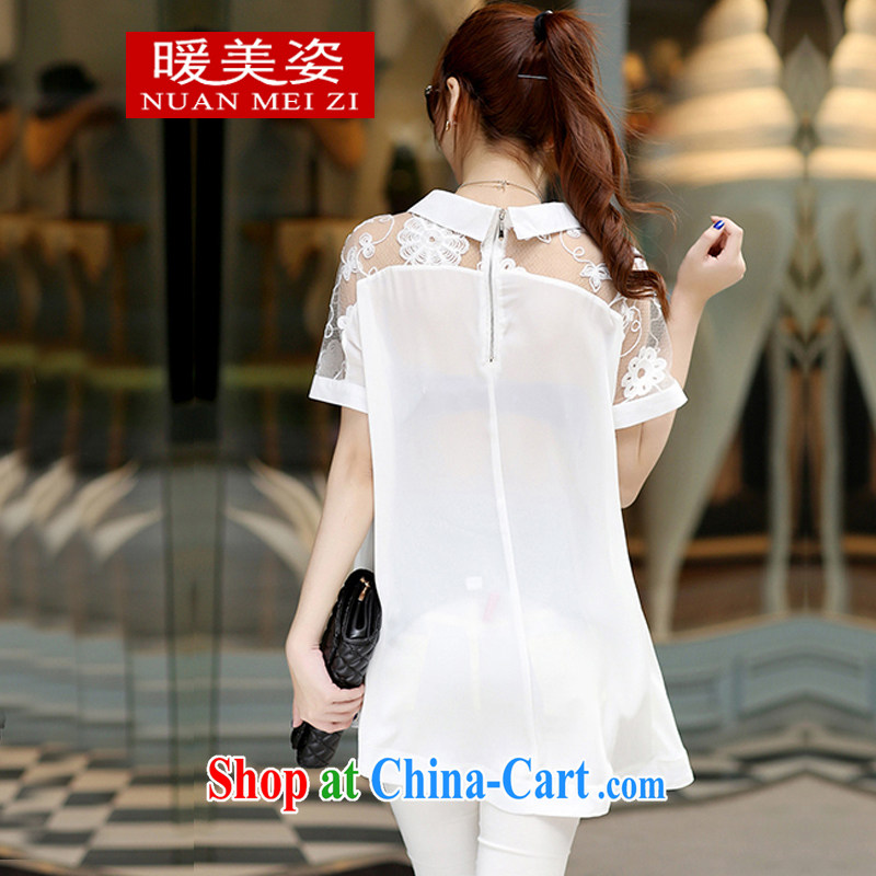 Warm beauty 2015 summer new, loose snow woven shirts lace T-shirt, long, short-sleeved large code female shirt female white XL, warm beauty, shopping on the Internet