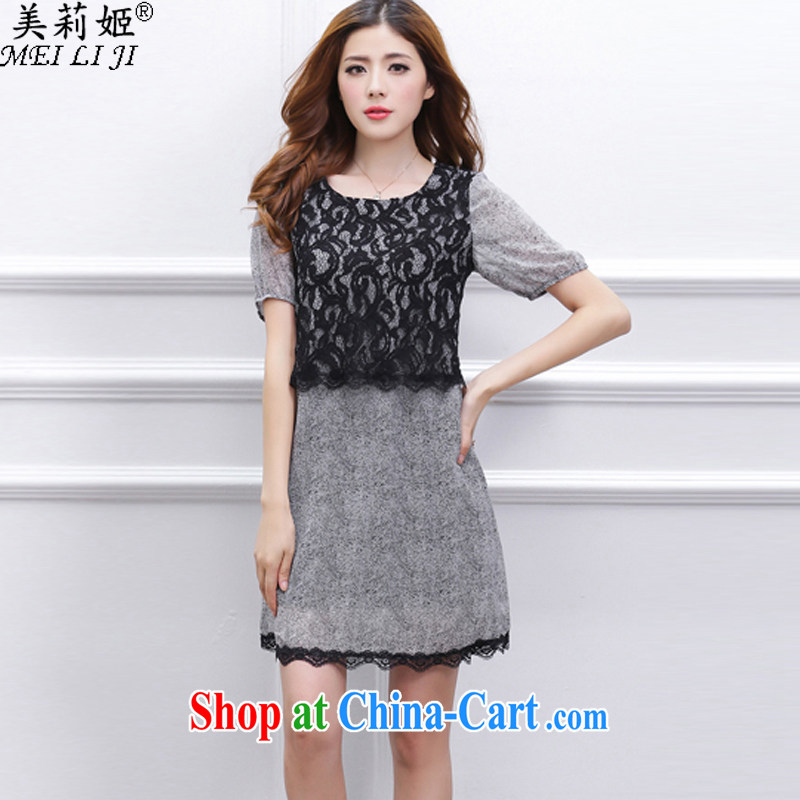 The Li Ji 2015 spring and summer, loose lace fat people mm larger female summer short-sleeve solid ice woven dresses 9616 gray XL