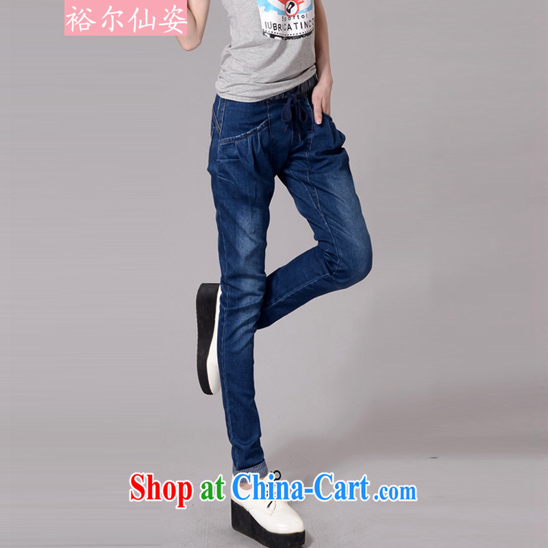 Yu's Sin City 2015 spring and summer, the Korean version of the greater code thick MM stitching graphics thin elasticated waist, beauty salon castor jeans girls blue XXXL