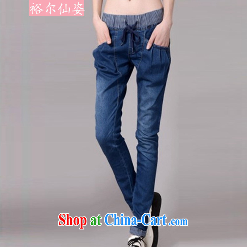 Yu's Sin City 2015 spring and summer, the Korean version of the greater code thick MM stitching graphics thin elasticated waist, beauty salon castor jeans girls blue XXXL, Yu's sin (yuerxianzi), online shopping