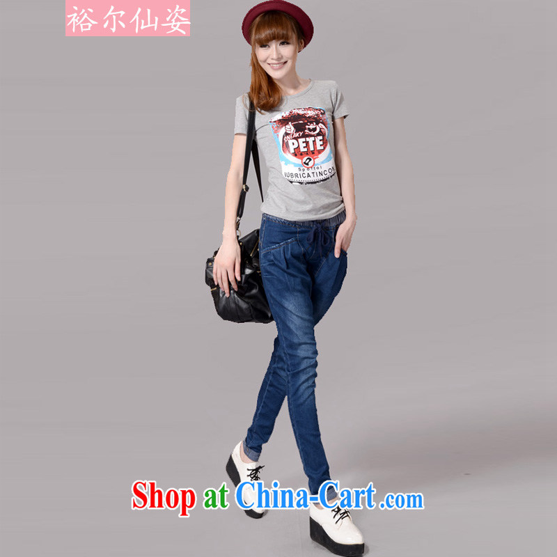 Yu's Sin City 2015 spring and summer, the Korean version of the greater code thick MM stitching graphics thin elasticated waist, beauty salon castor jeans girls blue XXXL, Yu's sin (yuerxianzi), online shopping