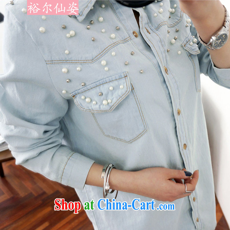 Yu's Sin City 2015 spring and summer, the Korean version of the greater code mm thick mask poverty video thin nail Pearl denim dress shirt shirt girl jacket light gray 5 XL