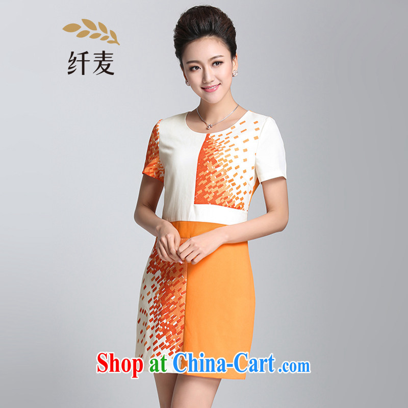 The Mak is the women's clothing 2015 summer new thick mm stylish geometric stitching fancy dress 952103123 orange 4 XL