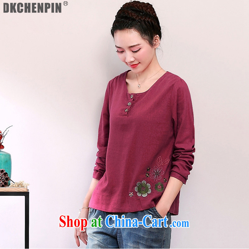 2015 DKchenpin larger female European site cotton Ma arts and leisure 3 piece snap-embroidered shirt loose, long-sleeved dark red are code