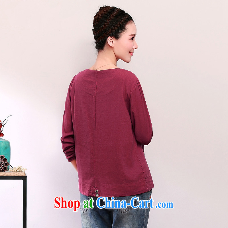 2015 DKchenpin larger female European site cotton Ma Literary leisure 3 kernel for embroidered shirt loose, long-sleeved dark red, code, DKCHENPiN, shopping on the Internet