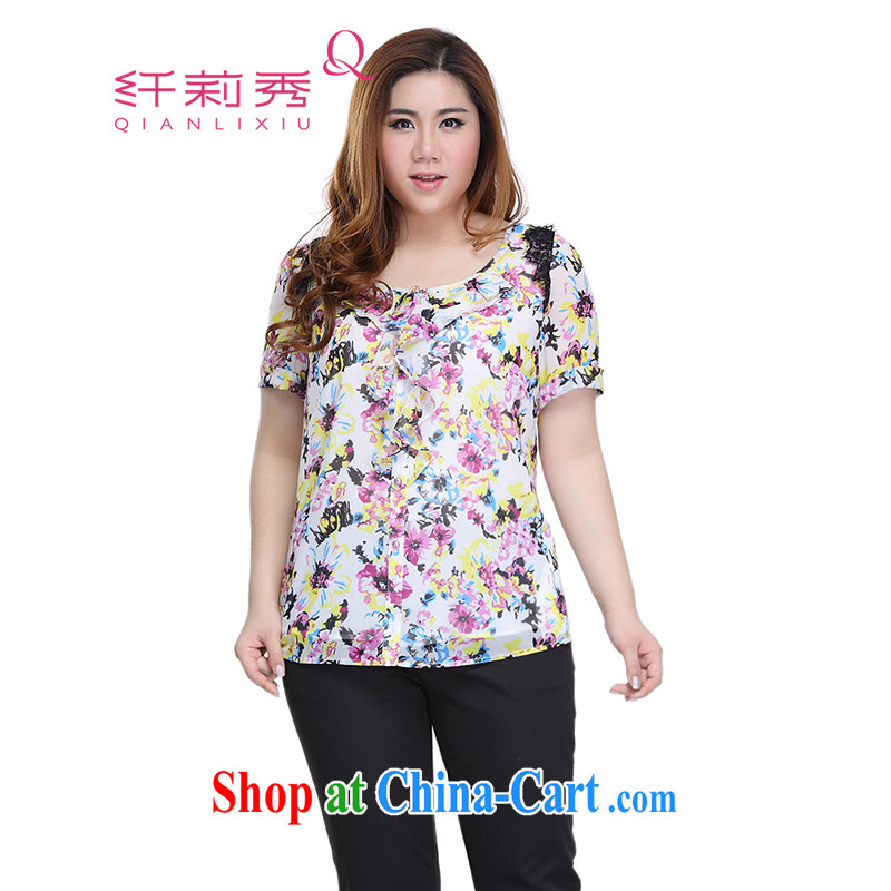 Slim LI Sau 2015 summer new, larger female stylish stamp lace flouncing round-collar short-sleeve snow woven shirts Q 7522 fancy XL
