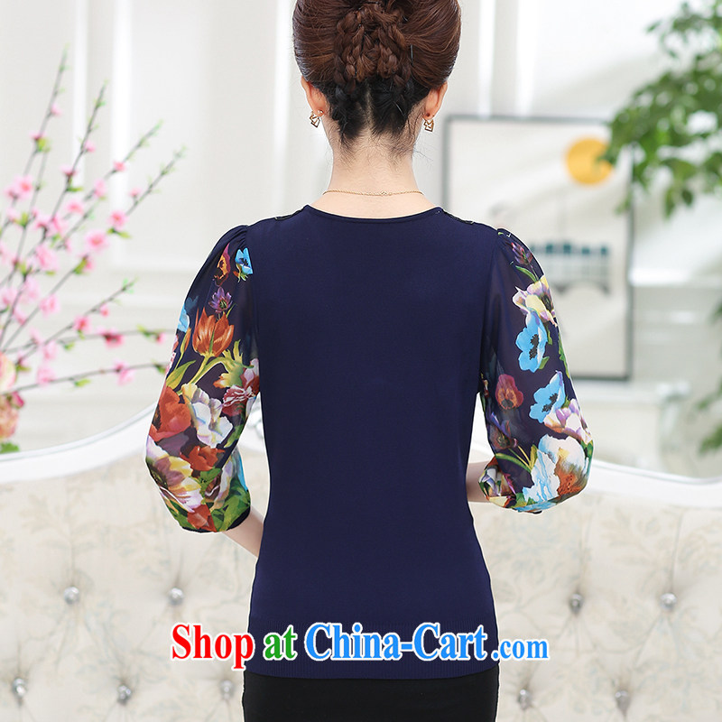 Lint-free cloth Santa Fe 2015 middle-aged and older women with spring and summer with new Snow-woven sleeves T-shirt MOM knitted thin middle-aged women's T-shirt, blue L Santa Fe, lint-free cloth (Shengfeirong), and on-line shopping