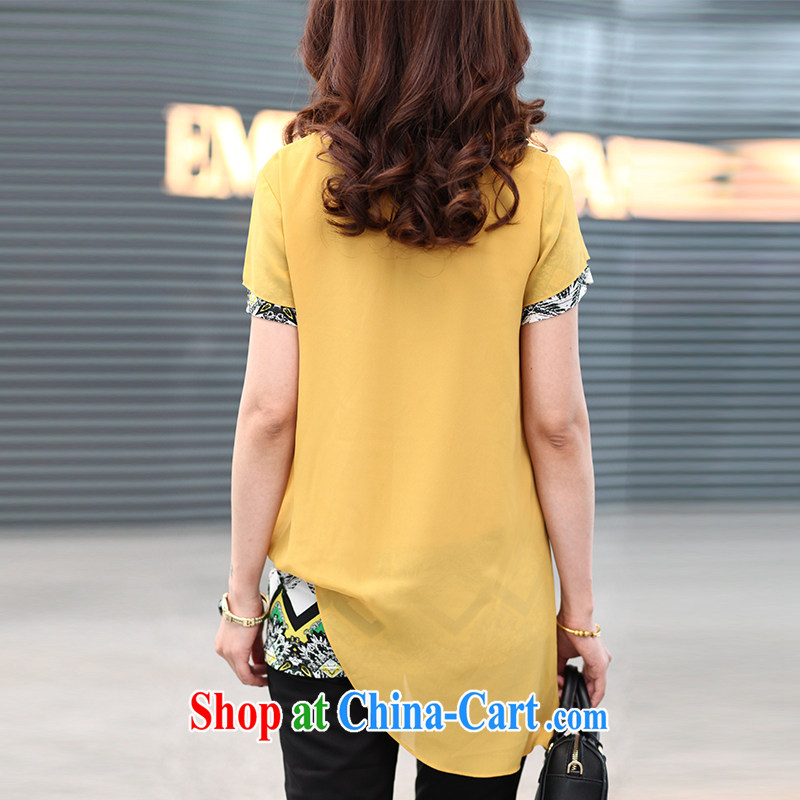 Mephidross has long honey, large, female fat MM summer 2015 new short-sleeved round-cultivating false Two snow T woven shirts M 1303 yellow 5 XL Mephitic economy honey (MENTIMISI), online shopping