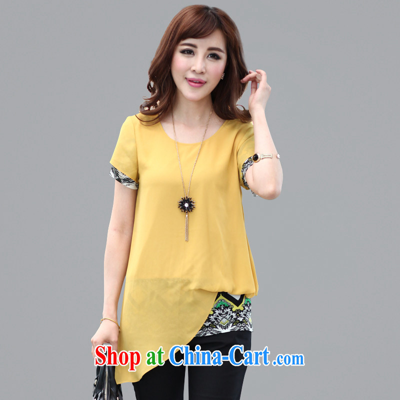 Mephidross has long honey, large, female fat MM summer 2015 new short-sleeved round-cultivating false Two snow T woven shirts M 1303 yellow 5 XL Mephitic economy honey (MENTIMISI), online shopping