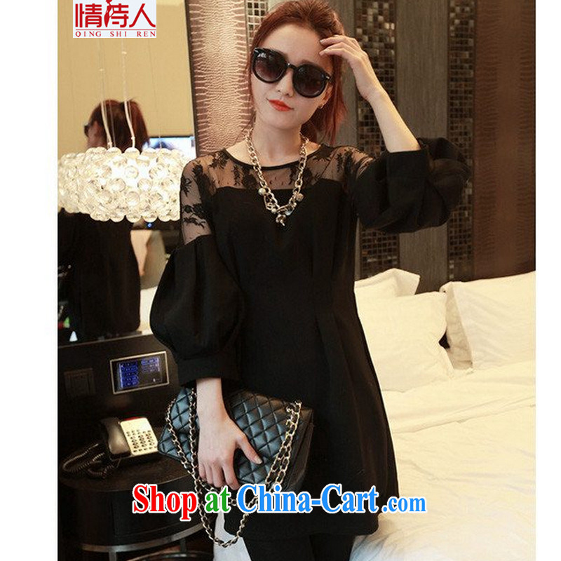 and poet 2015 spring XL girls thick mm video thin winter clothing and fat lace T-shirt dresses B 8003 black XXXXL