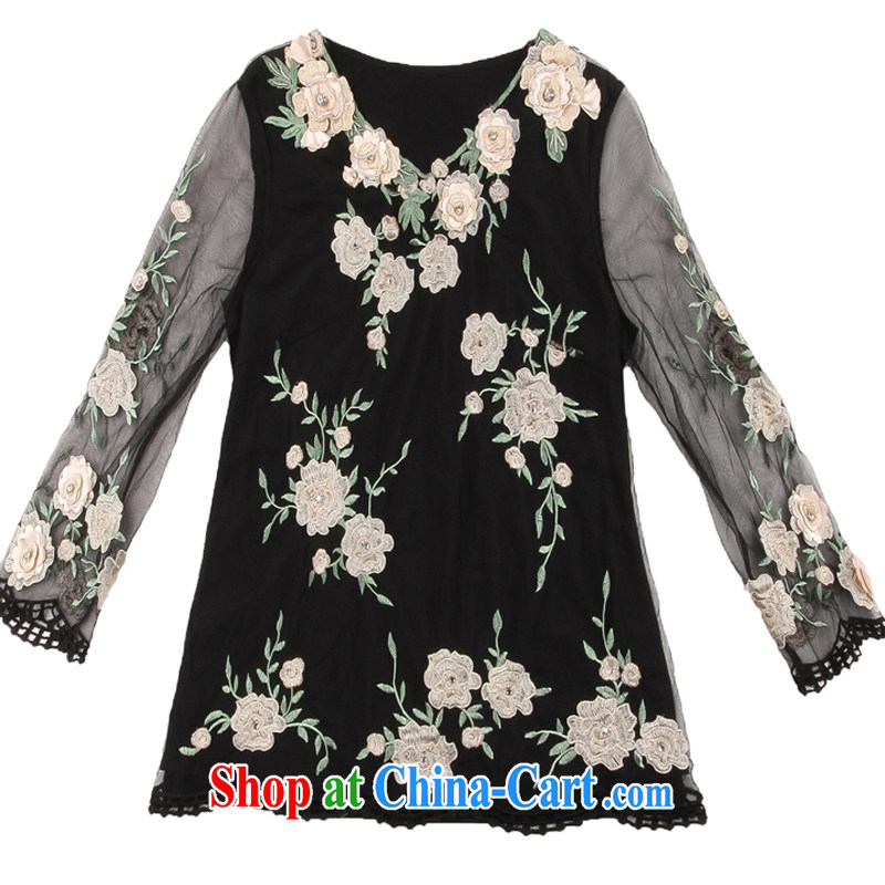 Coffee, summer 2015 new thick mm video thin lace women T shirts and indeed increase, middle-aged flower embroidery t-shirt black XXXXL, coffee, and shopping on the Internet
