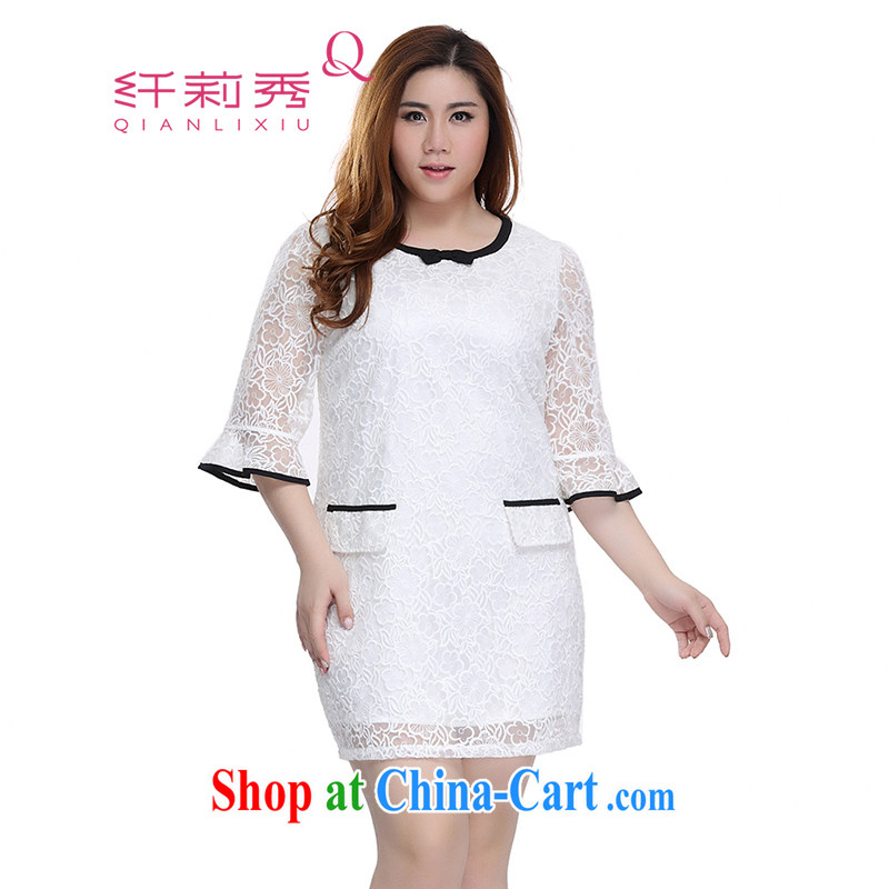 Slim LI Sau 2015 summer new, larger female Lace Embroidery butterfly knot 7 horn cuff dress Q 7568 m White XL