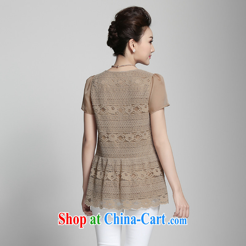The Mak is the female 2015 summer new thick mm stylish european root yarn spell loose short sleeves shirt T 952362338 coffee-colored 5 XL, slim Mak, shopping on the Internet