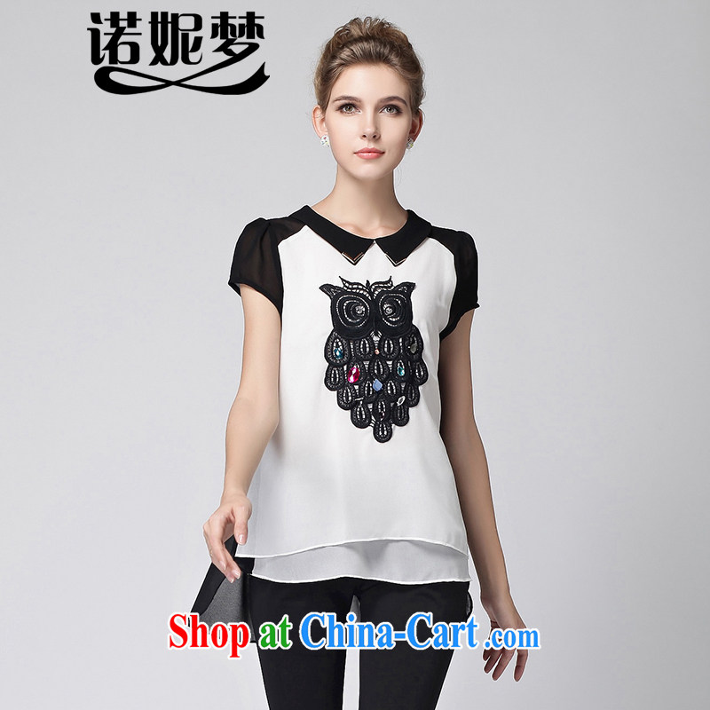Connie's dream snow in Europe and woven shirts new 2015 summer is the XL women mm thick owl embroidery stitching short-sleeve T-shirt women T-shirt Y 3261 white XXXXL