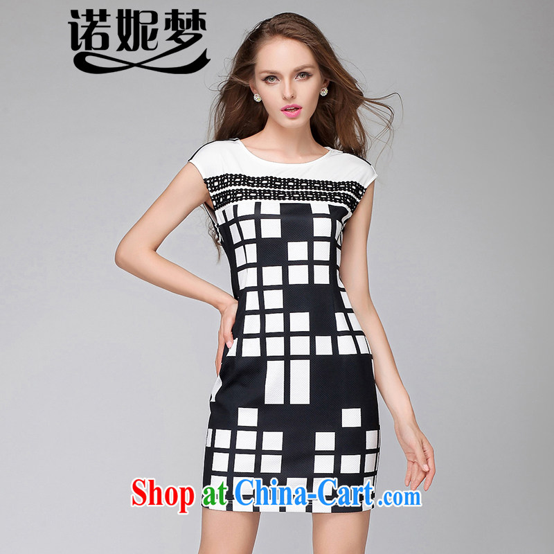 Connie's dream European and American high-end large Code women summer 2015 New MM thick stylish black-and-white Plane Collision-color grid graphics thin short-sleeved dresses Y 3279 figure color XXL