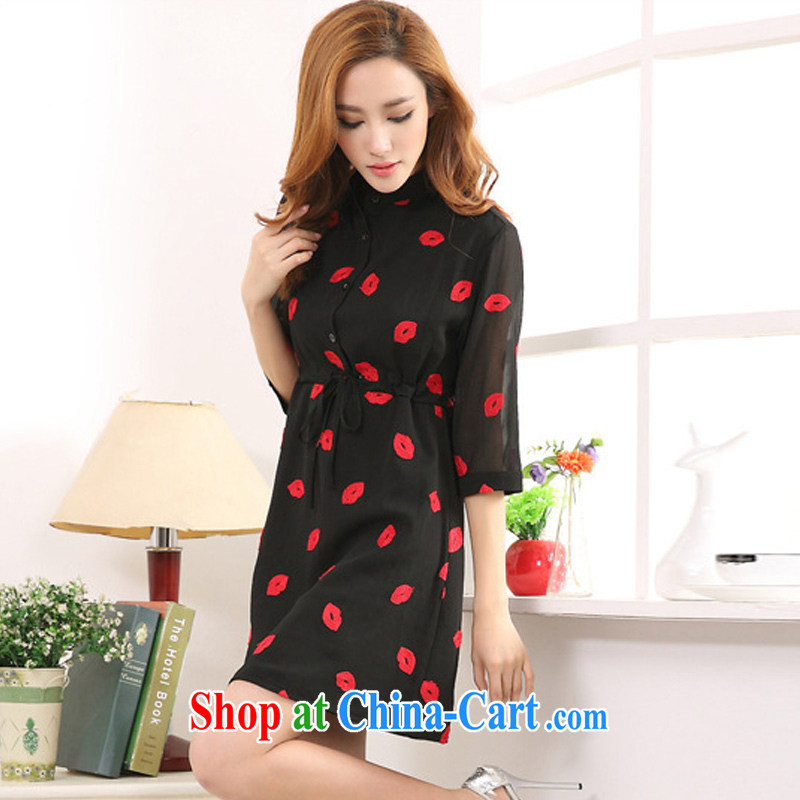 MissDonut the fat XL women 2015 spring and summer new expertise in Europe and mm red lips stamp thick sister snow woven dresses Black Large Number 3 XL, MissDonut, shopping on the Internet