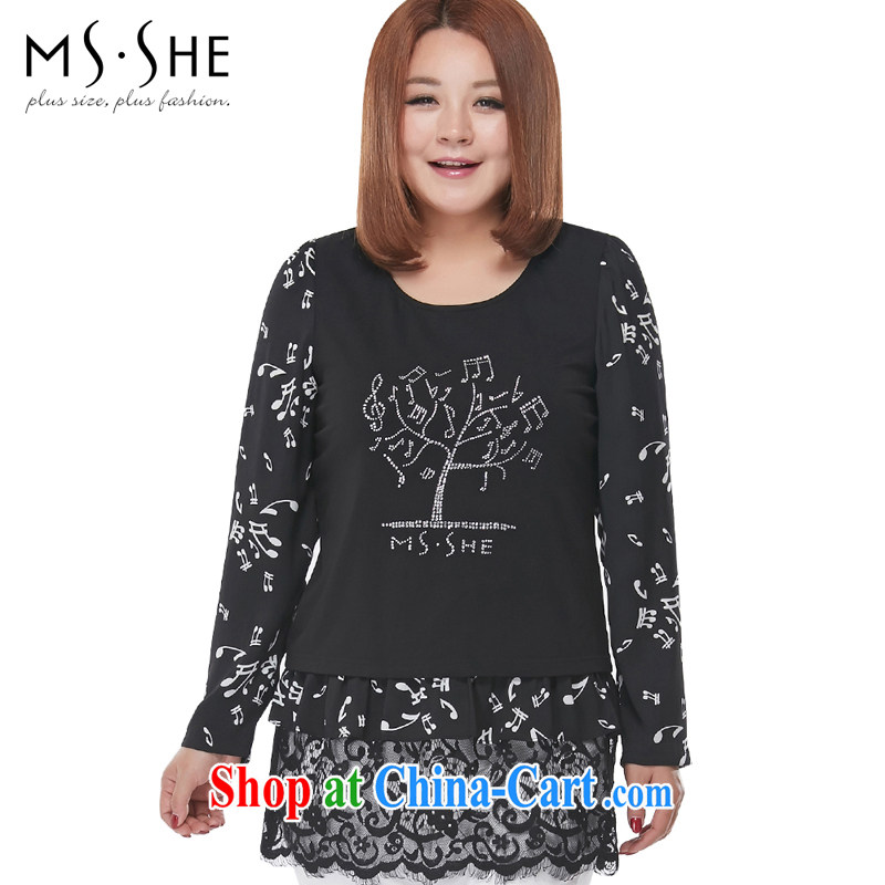 MSSHE XL women 2015 spring thick sister stylish stitching T-shirt long-sleeved round neck shirt T clearance 2558 black 3 XL