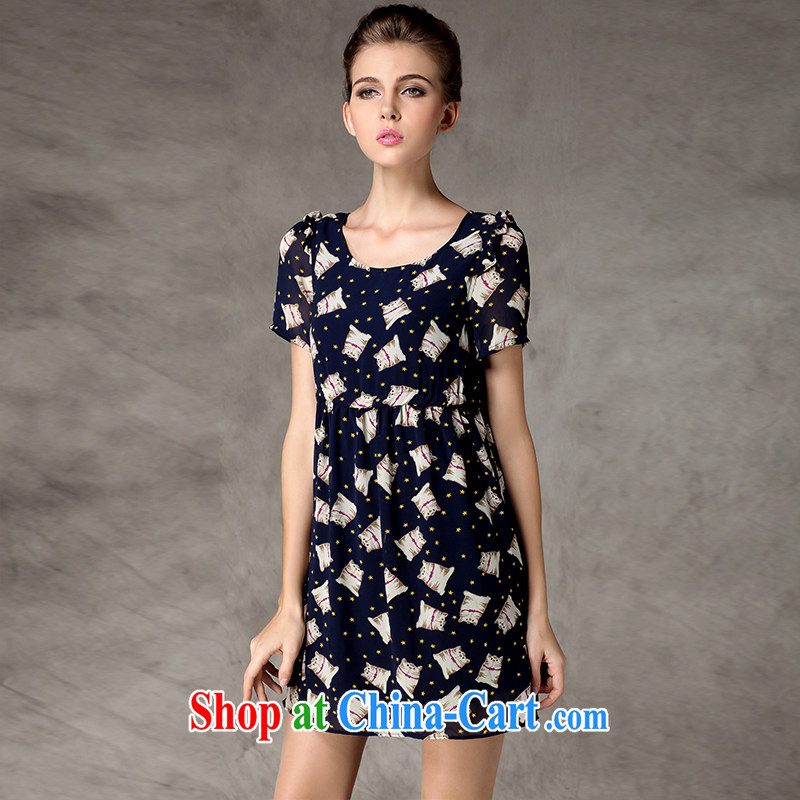 Connie's dream European and American high-end large, female 2015 summer new thick mm cat and stamp duty drawcord waist-short-sleeved snow-woven dresses Y 3249 blue XL, Connie dreams, online shopping