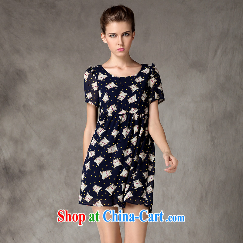 Connie's dream European and American high-end large, female 2015 summer new thick mm cat and stamp duty drawcord waist-short-sleeved snow-woven dresses Y 3249 blue XL, Connie dreams, online shopping