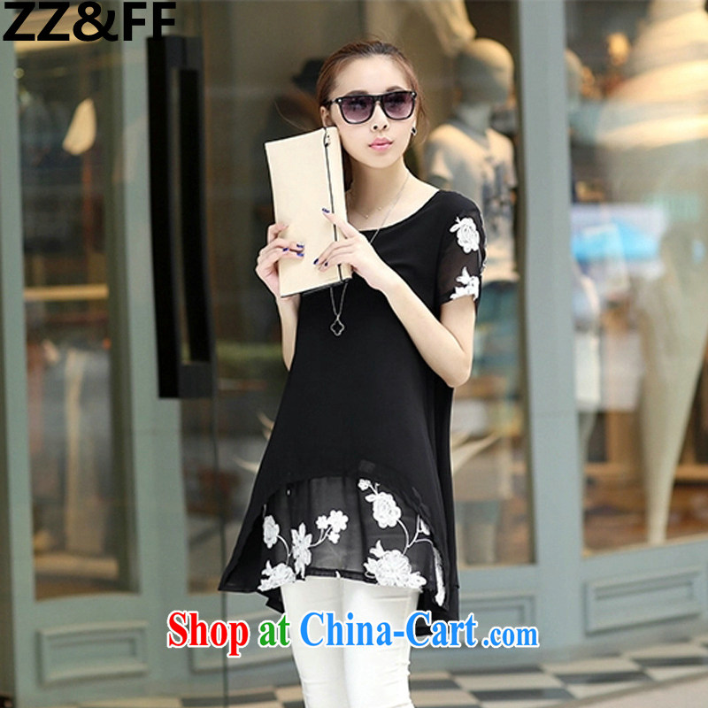 ZZ &FF 2015 summer new short-sleeved snow woven shirts fake two-piece thick MM and indeed increase, women loose pregnant short-sleeved dresses black XXXL, ZZ &FF, shopping on the Internet