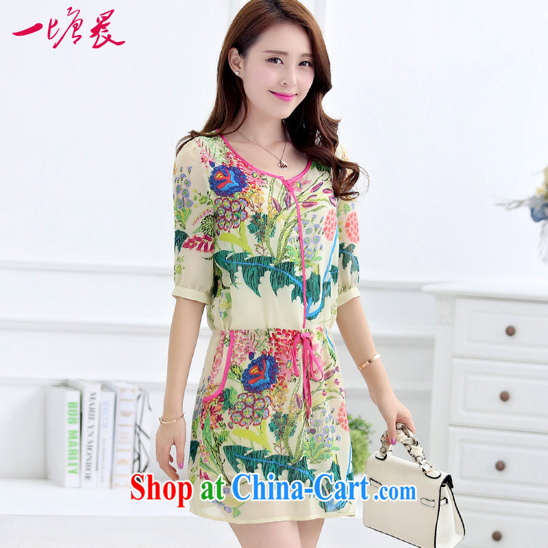The Tong morning 2015 summer new, larger female mom with summer round-collar 7 sub-cuff Korean floral snow woven large code dresses female 041,588 D beige XXL, Tong morning, shopping on the Internet