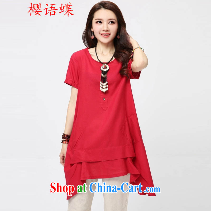 Cherry blossoms, Butterfly Spring 2015 new, larger female solid-colored round-collar short-sleeve dresses Korean loose coin stitching art van characteristics, with red XXL