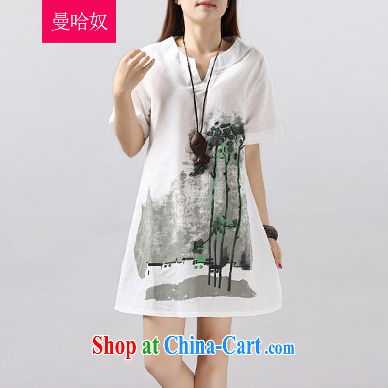 Manhattan slavery 2015 summer new female Korean loose the Code women dress mm thick arts van sepia ink stamp short-sleeved cotton the skirt yellow XXL, the slave (Manhanu), and, on-line shopping