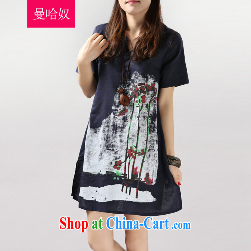 Manhattan slavery 2015 summer new female Korean loose the Code women dress mm thick arts van sepia ink stamp short-sleeved cotton the skirt yellow XXL, the slave (Manhanu), and, on-line shopping