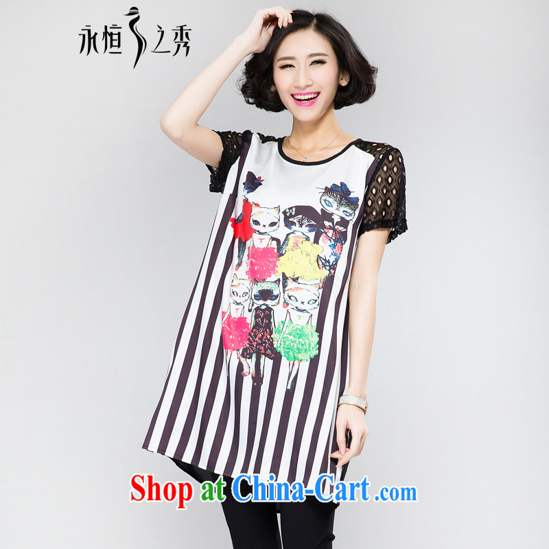 Eternal-soo and indeed increase, female, long T-shirt thick sister 2015 spring and summer fat people graphics thin new stylish atmosphere striped cat pattern stamp T-shirt black 4XL, eternal, and the show, the online shopping