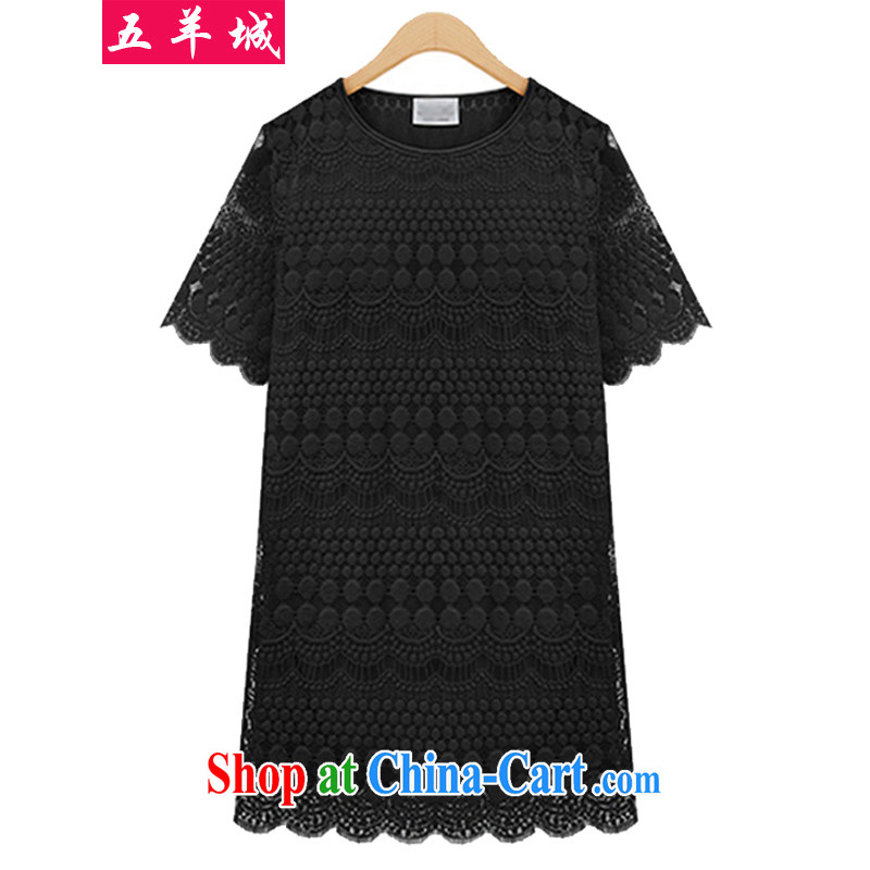 Five Rams City larger female summer new, thick, graphics thin, summer is the XL lace solid shirt thick sister, long, short-sleeved shirt T 164 black 5 XL recommendations 180 - 200