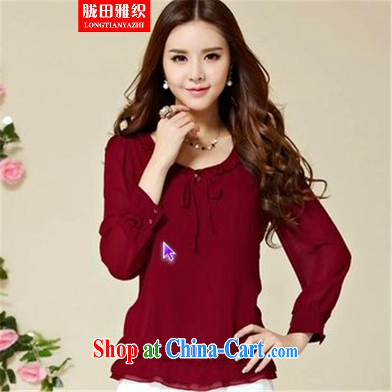 measures, the Organization 2015 long-sleeved snow woven shirts larger female Korean round-collar flouncing graphics thin T-shirt wine red 4 XL