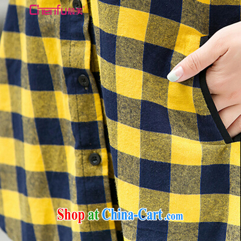 Morning would be 2015 spring new Korean version of the greater code female cotton graphics thin checkered shirt and stylish beauty 100 on the fertilizer and 200 Jack mm thick shirt yellow 5 XL, morning, and shopping on the Internet