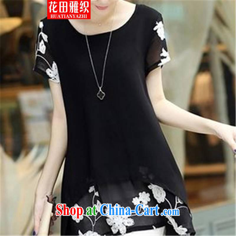 Flowers, woven 2015 short-sleeved clothes snow woven shirts thick MM larger women's clothing dresses black XXXL, flowers, weaving, and, shopping on the Internet