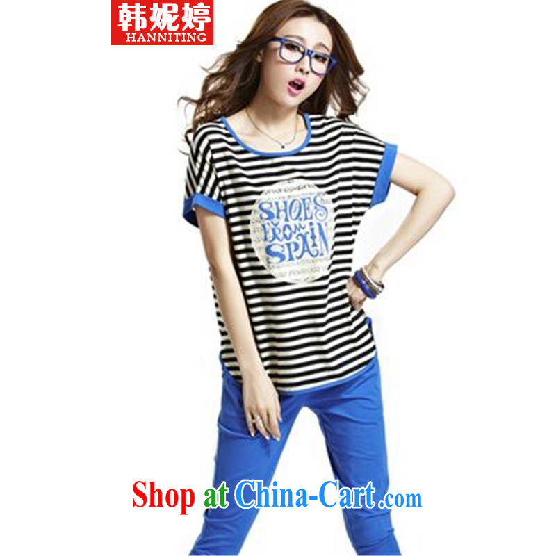 Han Ting her 2015 campaign kit short-sleeved striped female summer maximum code bat sleeves and Leisure package graphics thin female color blue XL
