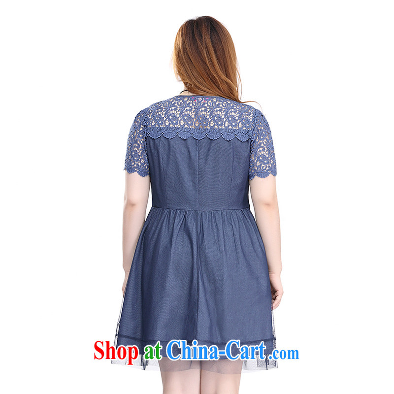 Slim LI Sau 2015 summer new, larger female lace denim Web yarn round-collar short-sleeve dresses Q 8305 dark blue 3XL, slim Li-su, and shopping on the Internet