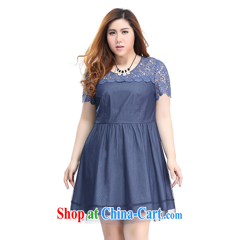 Slim LI Sau 2015 summer new, larger female lace denim Web yarn round-collar short-sleeve dresses Q 8305 dark blue 3XL, slim Li-su, and shopping on the Internet
