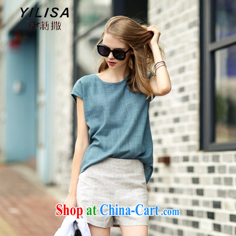 YILISA larger women 2015 new linen Leisure package summer short-sleeved T-shirt fashion in Europe and high waist graphics thin shorts Y 580 Peacock Blue + gray shorts XXXL