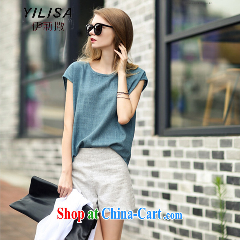 The YILISA Code women 2015 new linen and Leisure package summer short-sleeved T-shirt fashion in Europe and high waist graphics thin shorts Y 580 Peacock Blue + gray shorts XXXL, Ms. sub-Saharan (YILISA), online shopping