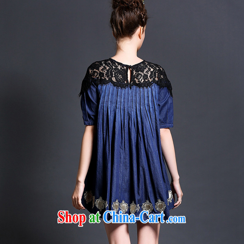 Connie's dream European and American high-end lace stitching denim dress and indeed XL female 200 Jack 2015 summer new thick mm embroidered dresses G 632 blue XXXXXL, Anne's dream, and shopping on the Internet